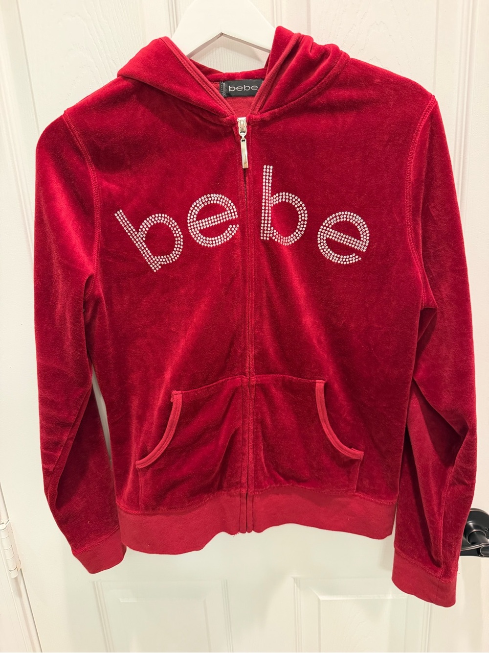 Vintage Bebe Red Velour Rhinestone Zip Up Hoodie Jacket Size L Y2K McBling